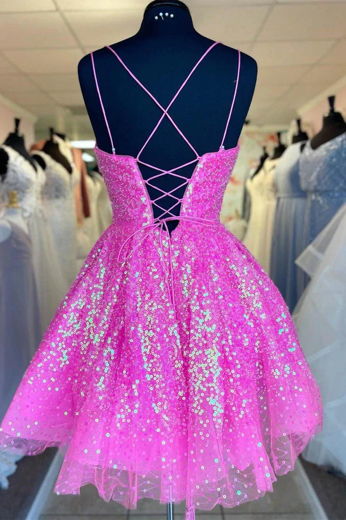 Luolandi A Line Sequins Spaghetti Straps Homecoming Dresses Short Cocktail Dresses Sparkly Prom Dress
